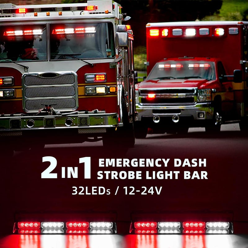 PKINGLAKE 2 in 1 LED Emergency Dash Strobe Light Bar Front/Rear Windshield Safety Flashing Warning Hazard Interior Lights for Police Firefighter Construction Vehicles Trucks (2x14 inch, Red/White) - Image 2